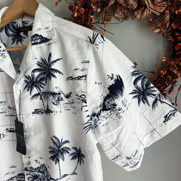 Year IN Year Out Men's Hawaiian Shirt MEDIUM Palmwave White Island Map Floral - Picture 2 of 9